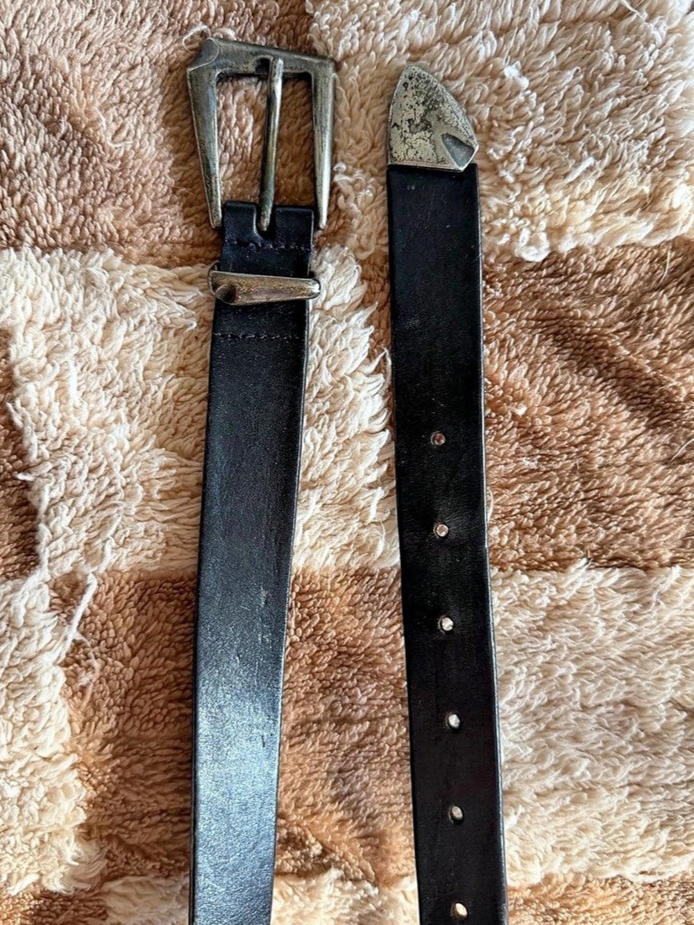 Vintage Black Genuine Leather Belt with Silver Buckle Size Large